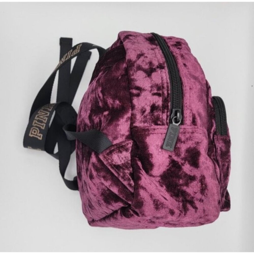 Victoria’s Secret PINK Burgundy Crushed Velvet Mini Backpack | Logo Straps | Zip - Picture 5 of 9